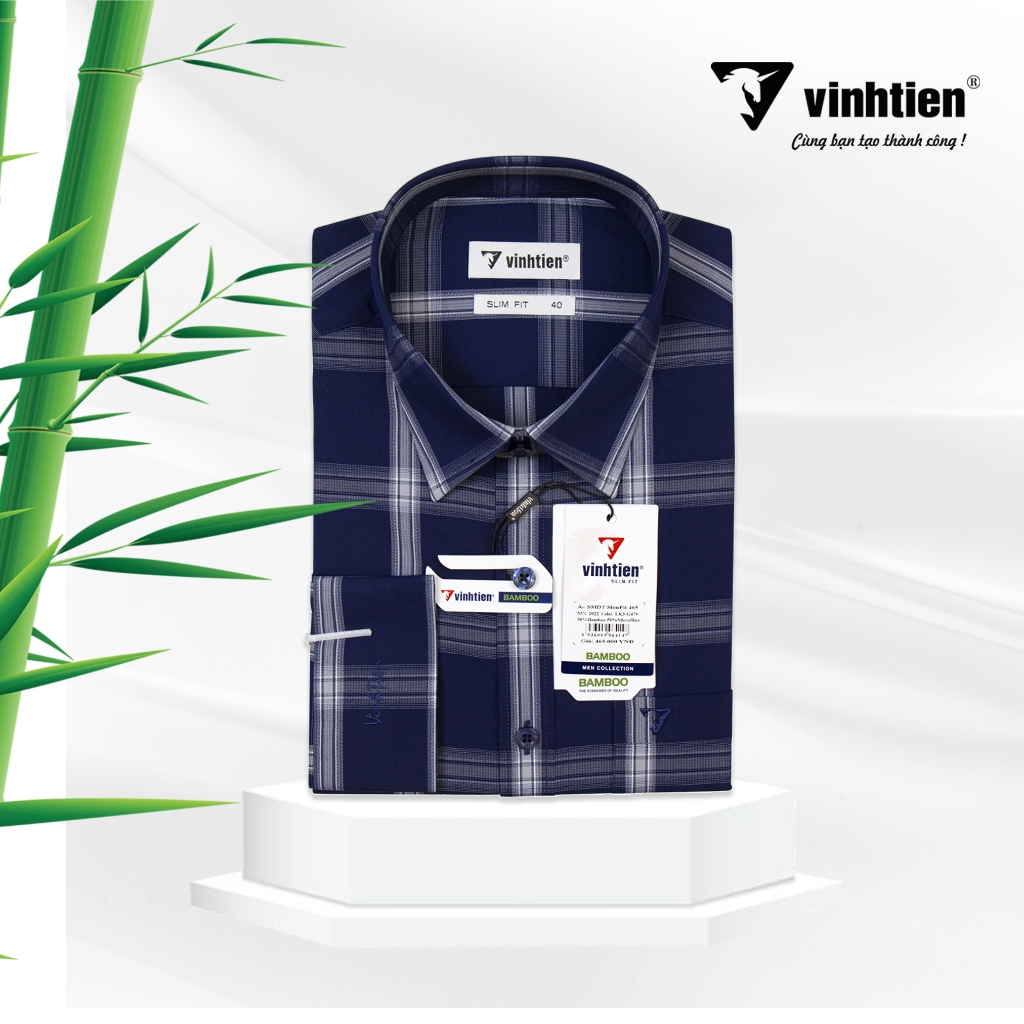 Áo Sơ Mi Vĩnh Tiến Dài Tay Dáng Slim Fit Vạt Bầu Vải Sọc Caro Bamboo 465 - G475
