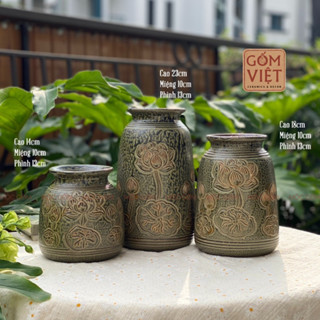 Bộ 3 bình gốm khắc tay họa tiết hoa sen, men xanh mộc cổ kính 3 kích thước | Gốm Việt