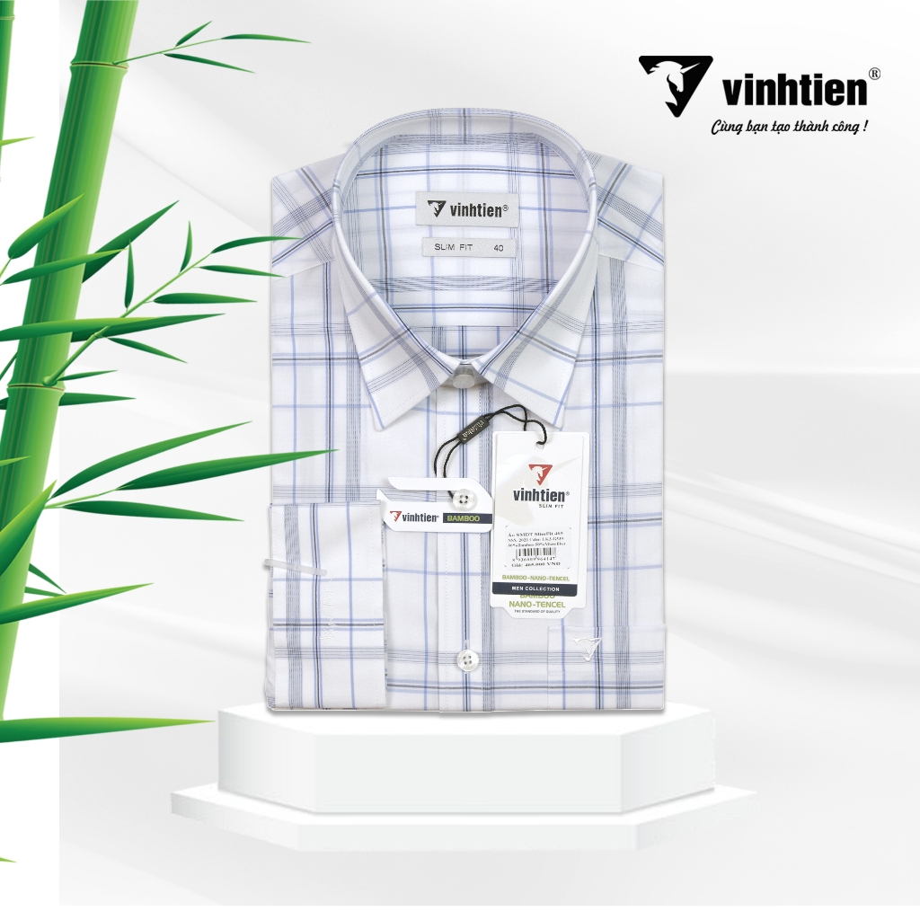 Áo Sơ Mi Vĩnh Tiến Dài Tay Dáng Slim Fit Vạt Bầu Vải Sọc Caro Bamboo 465 - G539