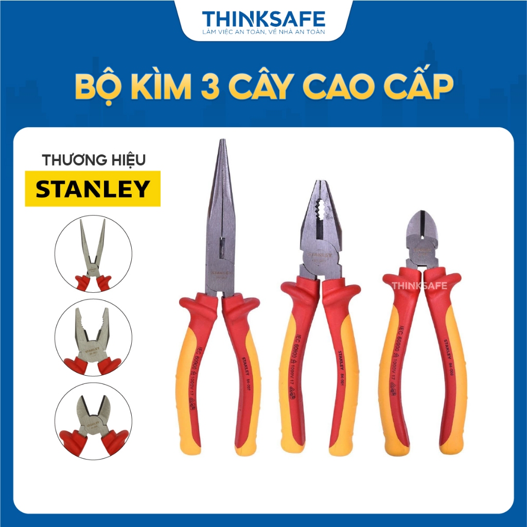Bộ kìm điện Stanley 84-011 3 chi tiết gồm kìm răng, kìm cắt, kìm mỏ nhọn cách điện 1000V dùng để bấm cắt tuốt dây điện