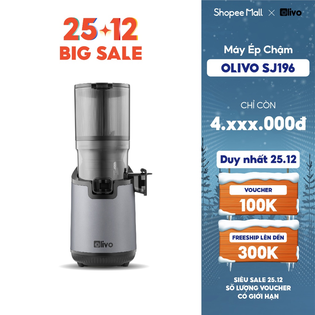 Máy Ép Chậm OLIVO SJ196 – Ống Tiếp Nguyên Liệu Lớn 13cm, Ép Trái Cây Nguyên Quả – Động Cơ AC Cao Cấp