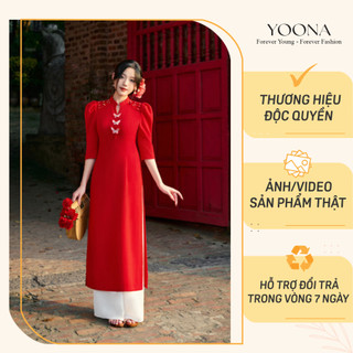 Bộ áo dài Tết dáng tay lửng phối ngực họa tiết cánh bướm YOONA - YD25B196