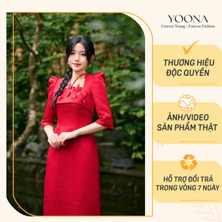 Bộ áo dài Tết đỏ tay bồng phối họa tiết cánh bướm YOONA - YD25B208