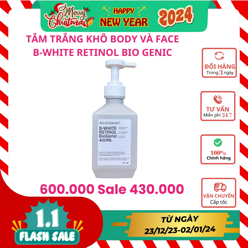 Tắm Trắng Khô B-White Pro Retinol BioGenic, Tắm trắng toàn thân và da mặt, Dung lượng 400ML