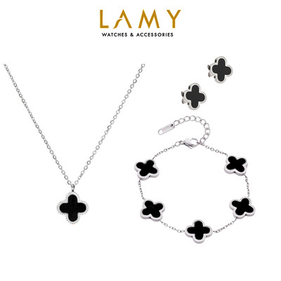 Bộ quà tặng trang sức LAMY Dây chuyền vòng tay khuyên tai Dual Lucky Leaves Silver-Black 6026-2026-3023