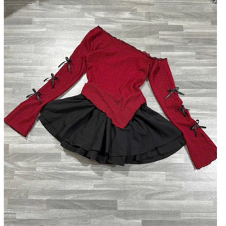 Áo ren lưới kiểu nữ trễ vai khoác đính nơ nhí vạt nhọn có lót trong sexy TV-FASHION