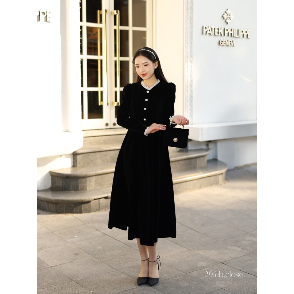 Váy Nhung Phối Ren LINH LAN 29feb.closet Cúc Ngọc Vai Bồng Dáng Xòe Dài Nhẹ Nhàng Tiểu Thư Mùa Thu Đông - V174