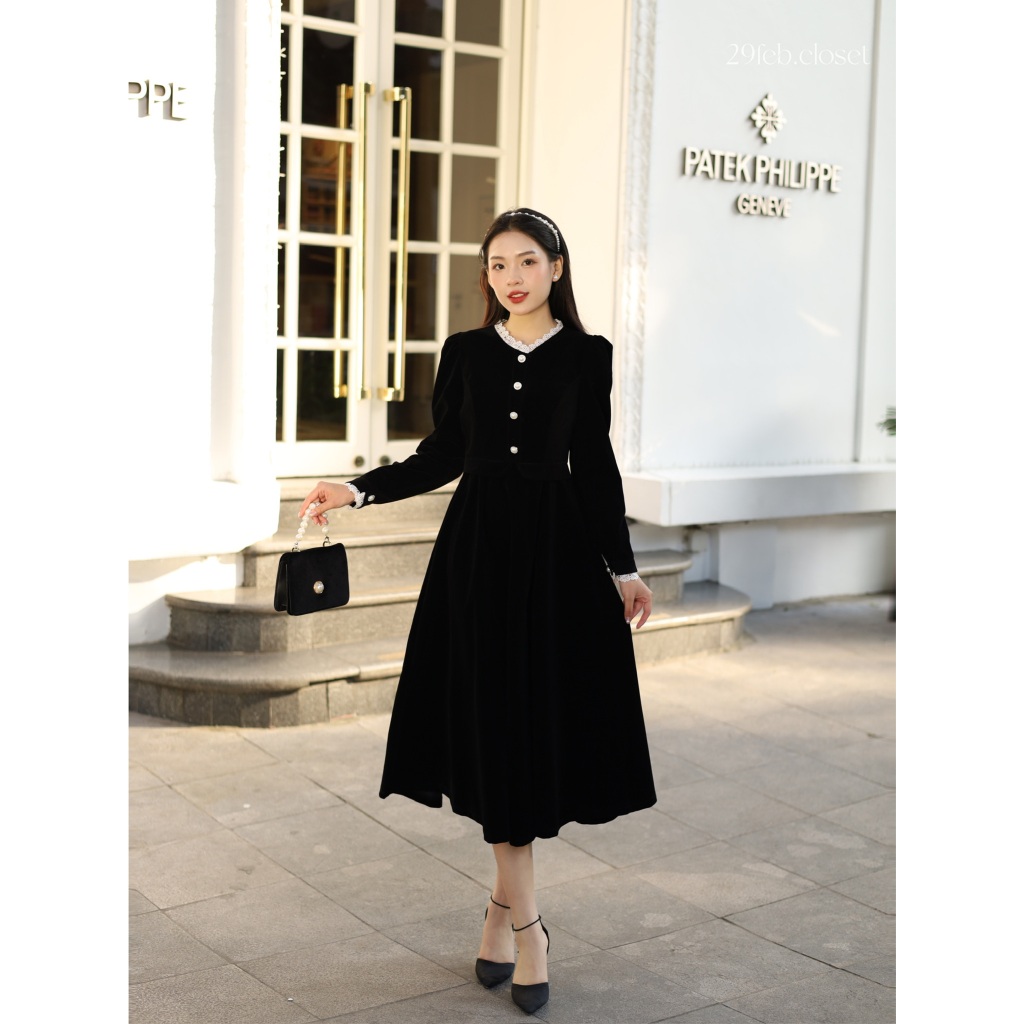 Váy Nhung Phối Ren LINH LAN 29feb.closet Cúc Ngọc Vai Bồng Dáng Xòe Dài Nhẹ Nhàng Tiểu Thư Mùa Thu Đông - V174