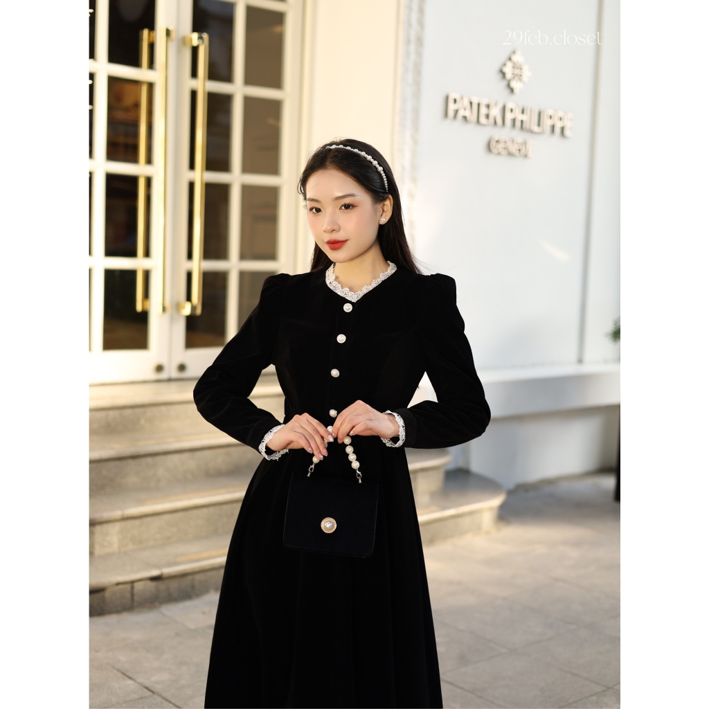 Váy Nhung Phối Ren LINH LAN 29feb.closet Cúc Ngọc Vai Bồng Dáng Xòe Dài Nhẹ Nhàng Tiểu Thư Mùa Thu Đông - V174