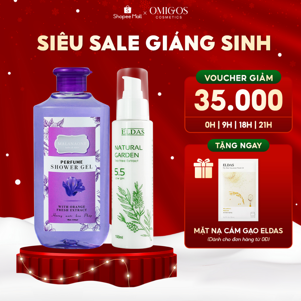 Bộ Quà Tặng Sữa Tắm Thơm Lâu Hương Nước Hoa Malanaone 330ml Và Sữa Rửa Mặt Dịu Nhẹ Chiết Xuất Tràm Trà Eldas 100ml