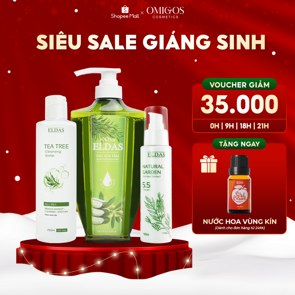 Combo Sữa Tắm Mụn Lưng Eldas & Sữa Rửa Mặt Dịu Nhẹ & Nước Tẩy Trang Tinh Chất Tràm Trà 550ml/chai, 100ml/chai,250ml/chai