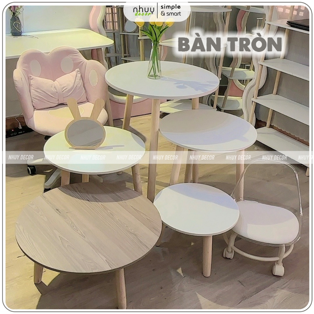 Bàn học, bàn làm việc tròn chân gỗ cao 70cm phong cách Bắc Âu chính hãng 2 màu trắng và gỗ