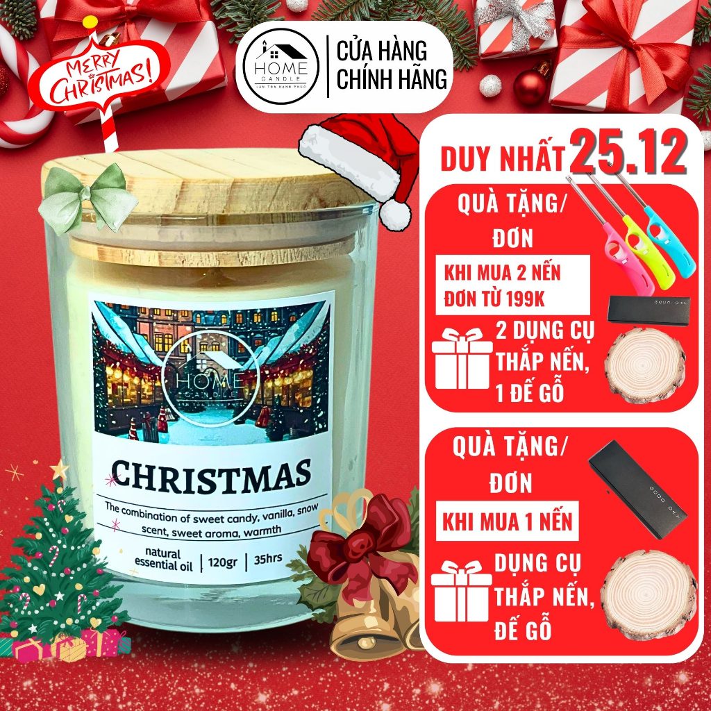 Nến Thơm Giáng Sinh Tinh Dầu Thiên Nhiên An Toàn 15 Mùi - Nến Thơm Phòng HOME CANDLE 120gr