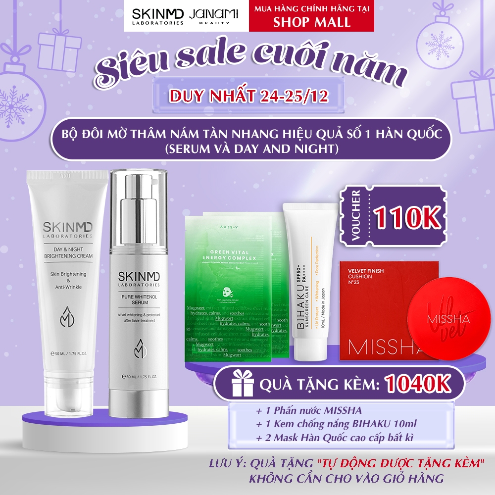 Bộ đôi xóa mờ nám mảng, phục hồi hàng rào bảo vệ da và dưỡng da trắng sáng Skinmd Serum và Cream Brightening