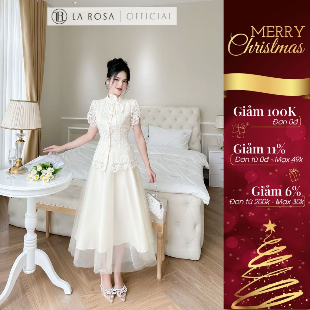 Set Váy Tiểu Thư Áo Sơ Mi Ren Xếp Ly Ngực Kèm Hoa LAROSA Chân Váy Lưới Xoè 3 Lớp Thanh Lịch, Phong Cách Công Sở S357
