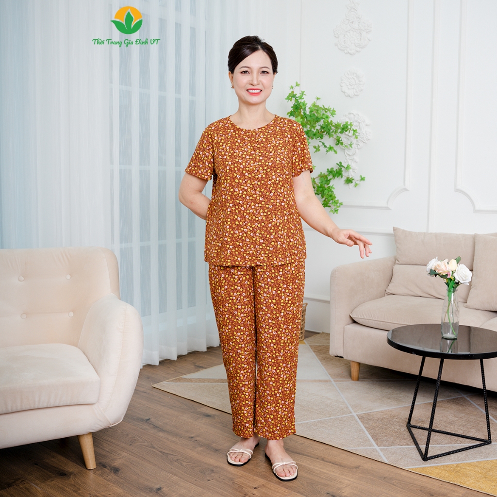 Bộ mặc nhà  lanh nữ  trung niên quần dài áo cộc tay thời trang Việt Thắng  B08.2408