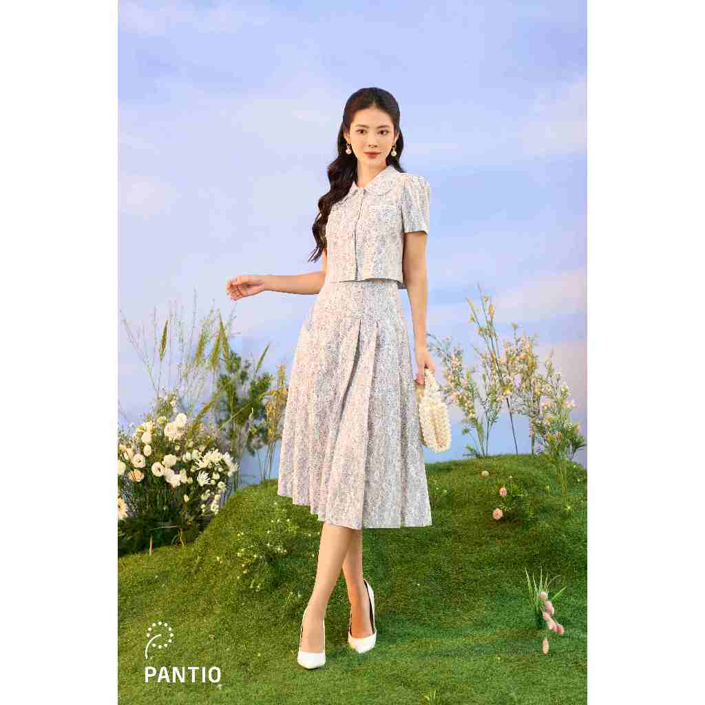 BJD32643 - Chân váy bộ midi vải lụa ép lưới dáng xòe xếp ly bản to cạp liền khóa thân sau - PANTIO