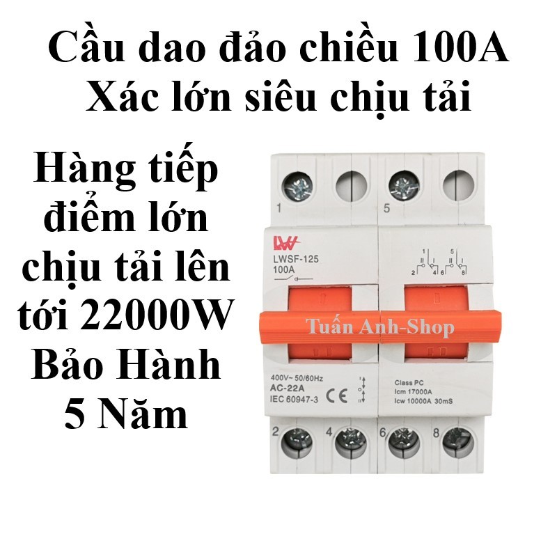 Cầu dao đảo chiều 100A LW siêu chịu tải, Cầu giao đảo chiều dạng aptomat chịu tải 22000W