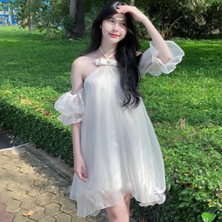 Váy yếm cổ nơ trễ vai tay bồng đi dự tiệc,đầm cổ chéo dáng baybydol tay bồng xinh đẹp