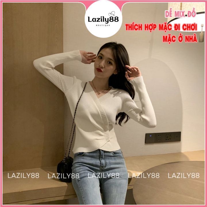 Áo Len Sweater Tay Dài Cổ V  Ôm Nữ Chất Len Gân Cao Cấp 100% Cotton