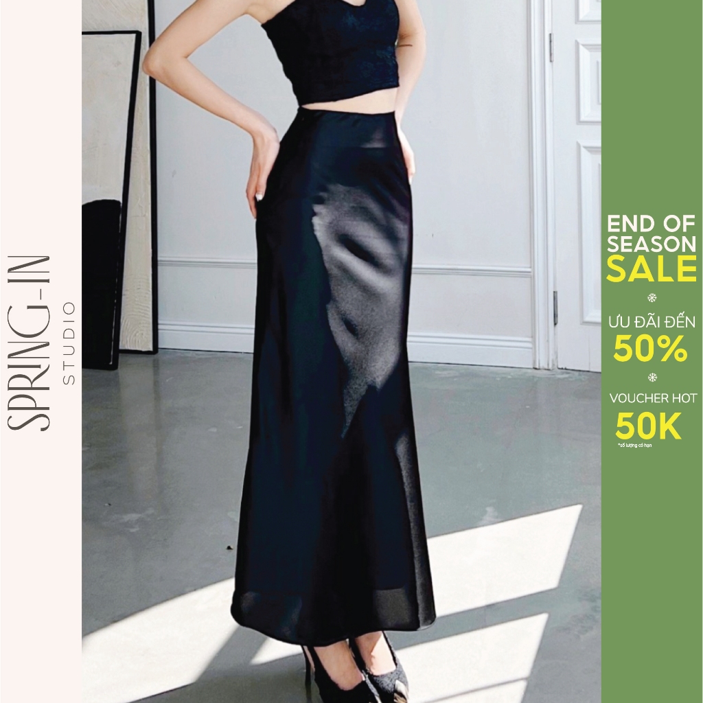 Chân váy lụa satin nữ cao cấp dáng dài màu đen thiết kế tôn dáng SPRING-IN