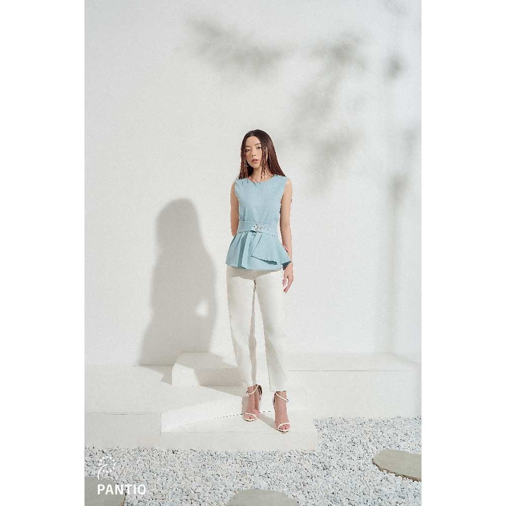 FAS33227 - Áo sơ mi công sở vải linen dáng suông kèm đai tạo kiểu peplum bên hông - PANTIO