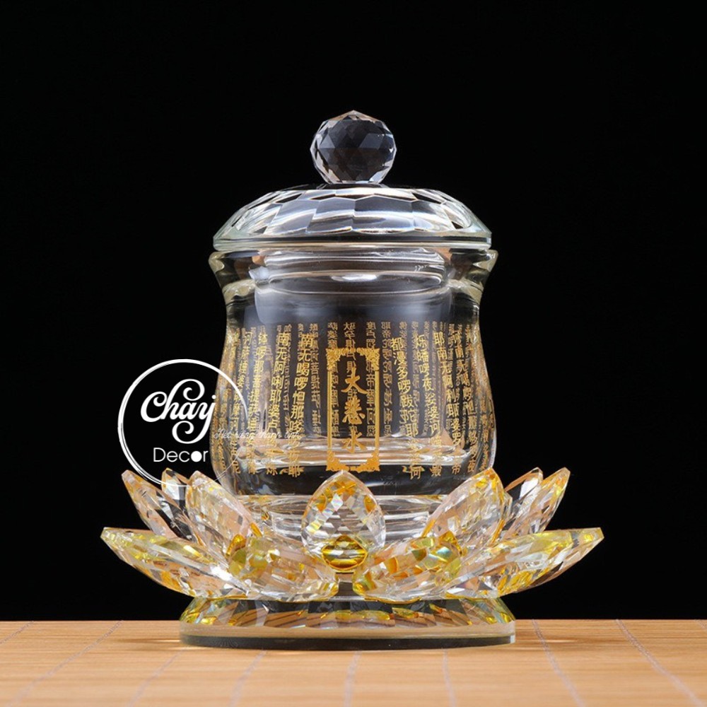 Chung Nước, Ly Nước Cúng Dường Chú Đại Bi Đế Sen Bằng Pha Lê Cao Cấp