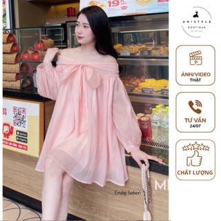 Váy nữ trễ vai thiết kế phối nơ ngực dáng baybydoll chất voan tơ,đầm thiết kế trễ vai dáng baybydol
