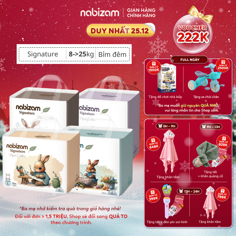Tã/Bỉm Đêm NABIZAM Signature Nội Địa Hàn, Mềm Mại, Siêu Thấm Hút Size L30/XL26/2XL22/3XL20 Cho Bé 8-25kg