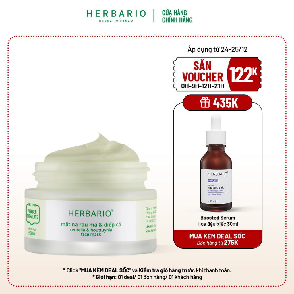 Mặt nạ Rau Má & Diếp Cá giảm dầu, mụn Herbario 30ml thuần chay