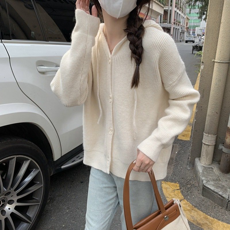 Áo khoác cardigan nữ có mũ đóng cúc dây rút tay bo form vừa dáng trơn basic nhiều màu xinh DELIZ