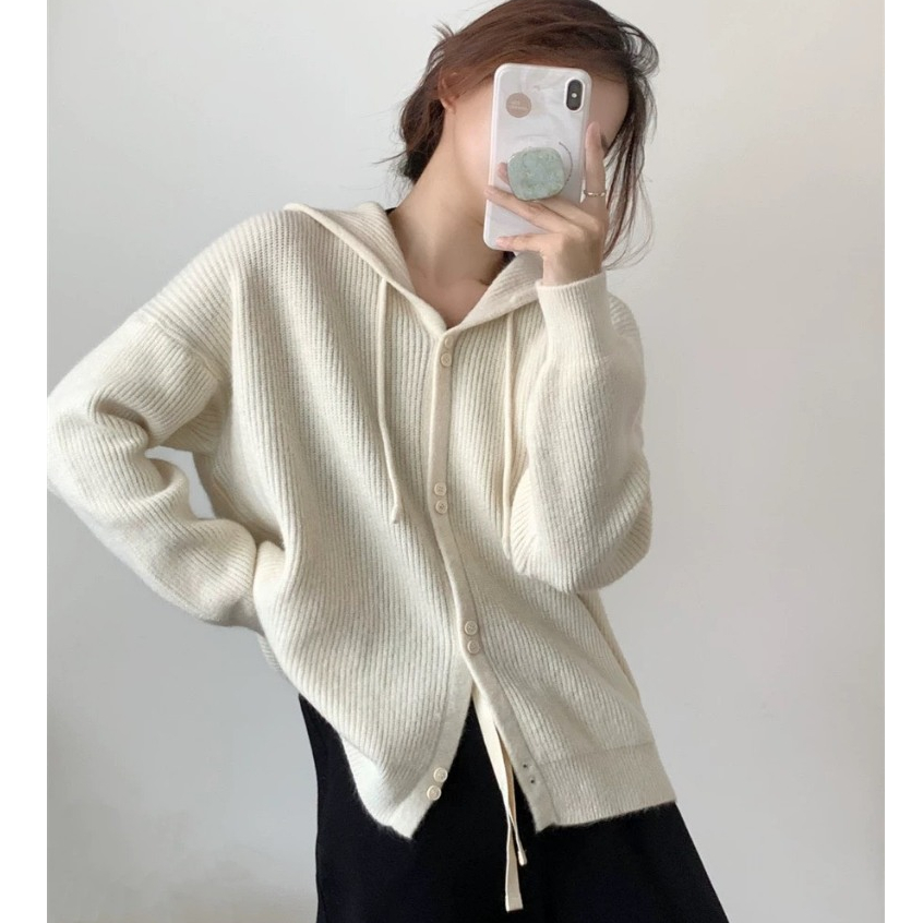 Áo khoác cardigan nữ có mũ đóng cúc dây rút tay bo form vừa dáng trơn basic nhiều màu xinh DELIZ