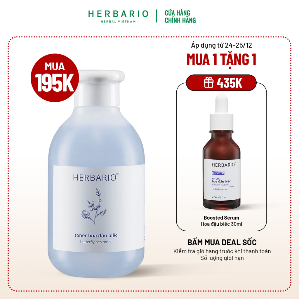 Toner cân bằng da Hoa Đậu Biếc herbario 200ml thuần chay