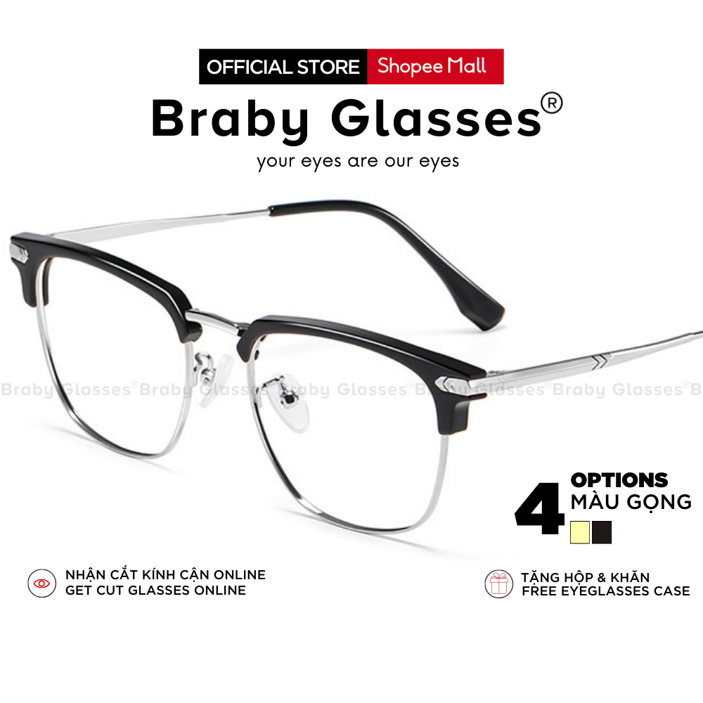 Gọng kính cận nửa gọng vuông nam nữ Braby Glasses chất liệu kim loại gọng mảnh họa tiết sang trọng thời thượng MK103