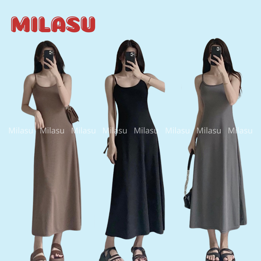 Váy 2 Dây Dáng Ôm Body Chất Tăm Lạnh Co Dãn, Đầm Maxi Đi Biển Trơn Dáng Dài Có Nút Điều Chỉnh 745