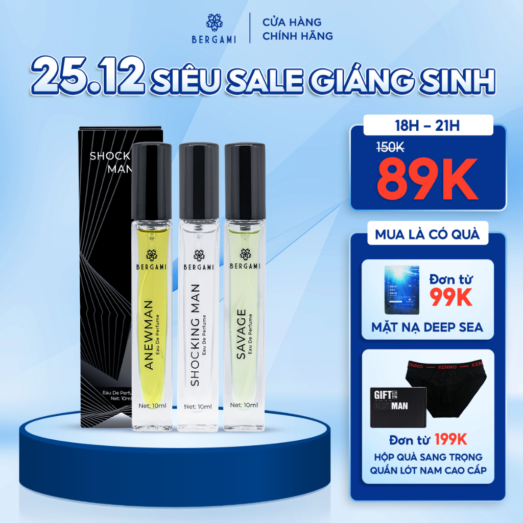 Set Nước Hoa Nam Thơm Lâu Bergami, Nước Hoa Chính Hãng Mùi Hương Hiện Đại Lịch Lãm, Lưu Hương 6H 10ml/chai