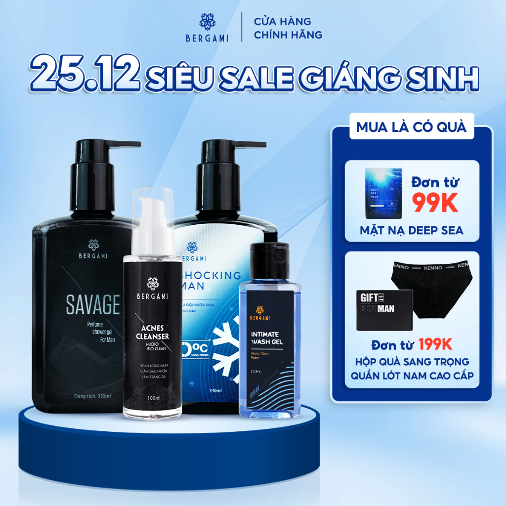 Bộ Quà Tặng Nam Giới Bergami, Sữa Tắm Nam & Dầu Gội Hương Nước Hoa 330ml, Dung Dịch Vệ Sinh Nam 130ml, Sữa Rửa Mặt 100ml