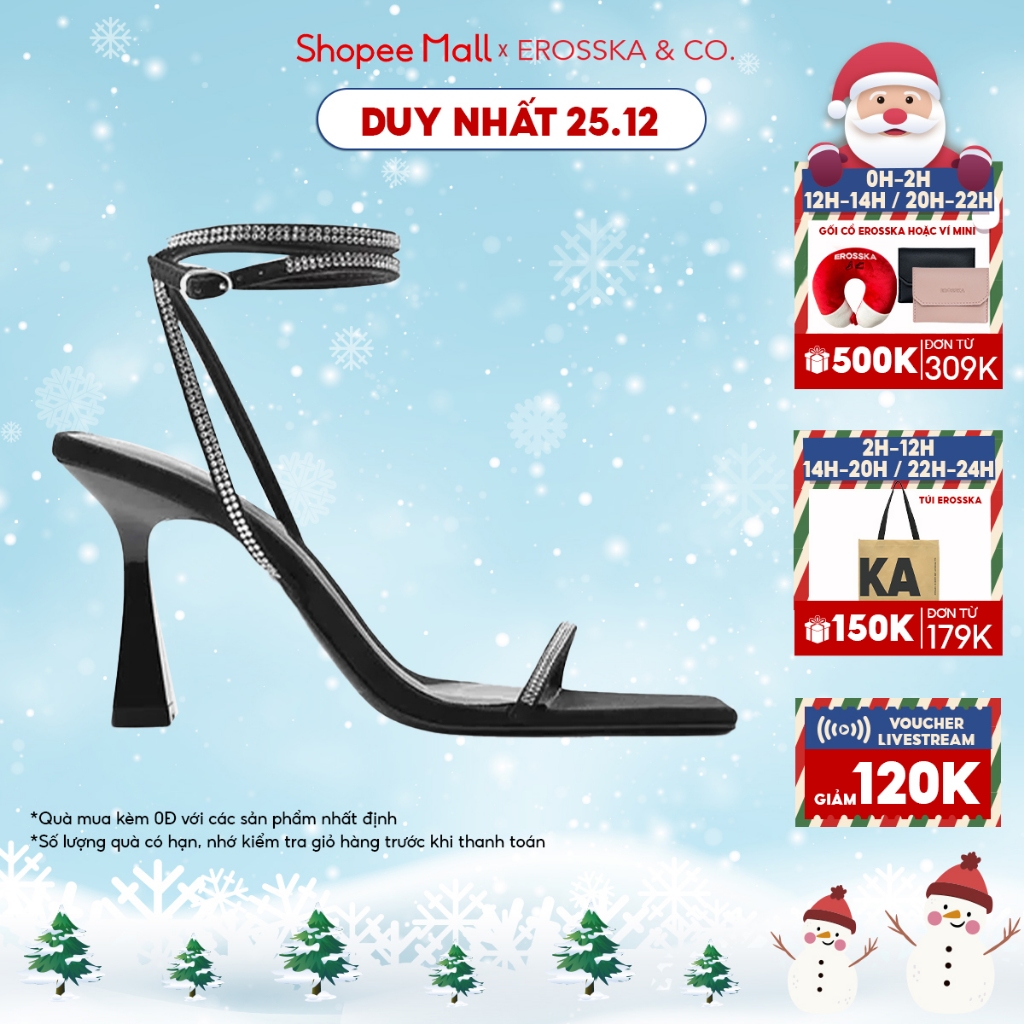 Erosska - Giày sandal cao gót nữ mũi vuông quai đính đá kiểu dáng sang trọng màu đen - EN016