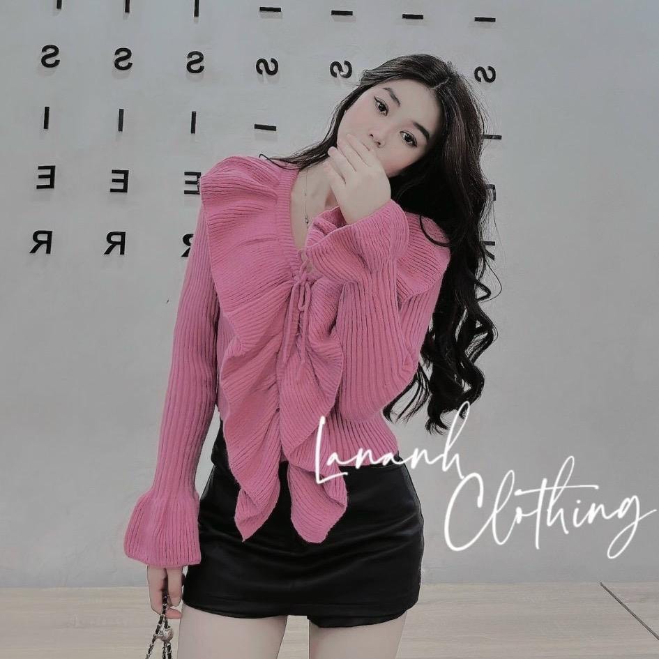 Áo Len hồng viền bèo Chanh Sả Độc Lạ cổ Trái Tim buộc nơ Dễ Thương !!