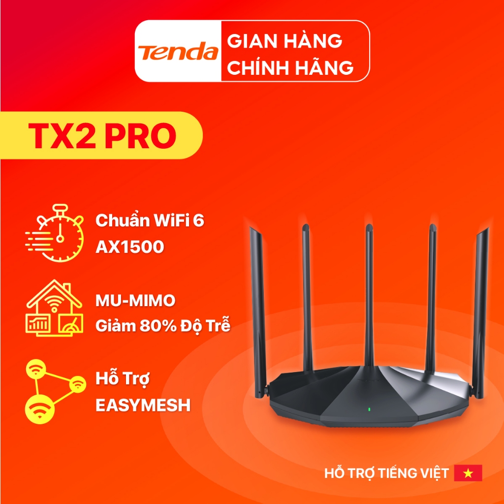 Bộ Phát WiFi Tenda TX2 Pro Chuẩn WiFi 6 AX1500Mbps hỗ trợ EasyMesh - Hàng Chính Hãng