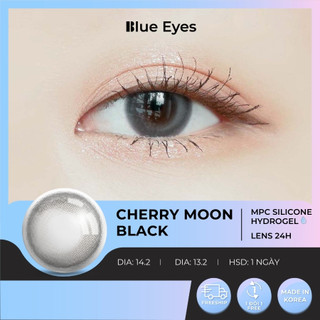Kính áp tròng Cherry Moon Black Blue Eyes, dòng lens cận dùng 1 ngày cho mắt thở, giãn tròng to, màu đen trăng non