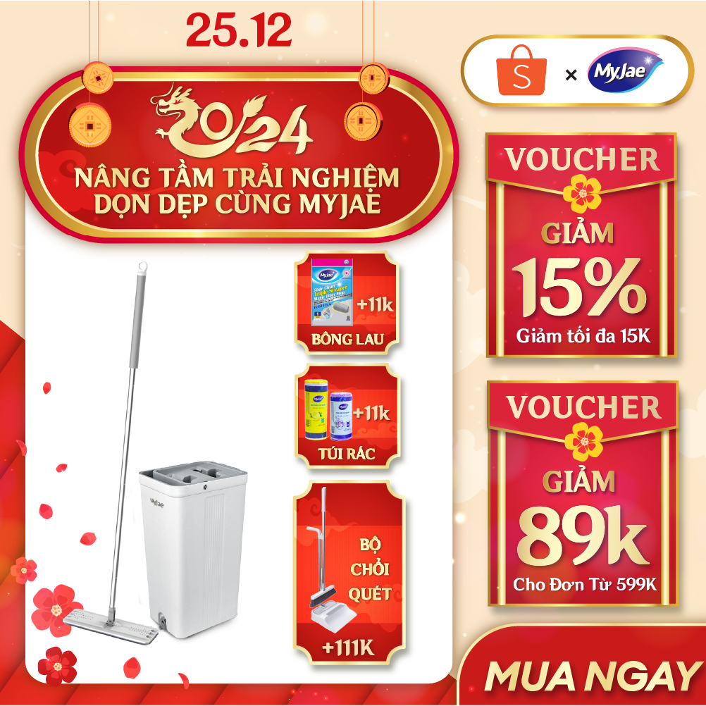 Cây lau nhà 3 lần vắt kèm thùng 2 ngăn xoay 360 độ  lau sạch nhanh vệ sinh dễ dàng MyJa