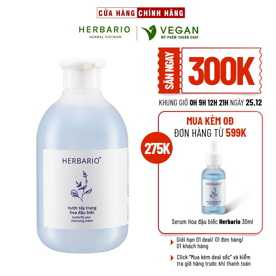 Nước tẩy trang Hoa Đậu Biếc herbario 300ml thuần chay cấp ẩm, chống lão hóa