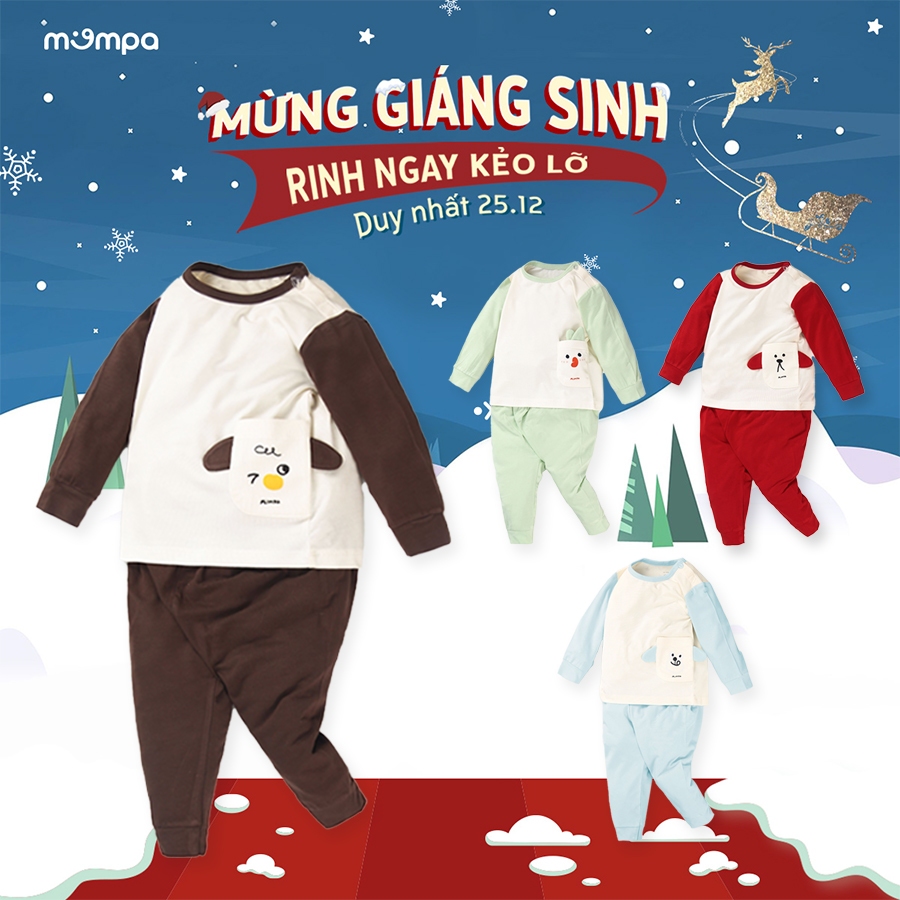 Bộ quần áo dài tay cho bé Mompa 6 tháng đến 4 tuổi cài vai vải petit thoáng mát co giãn thấm hút MP 342