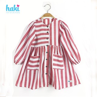 Váy bé gái kẻ dài tay hai túi ốp họa tiết kẻ đỏ xinh yêu Haki HK492