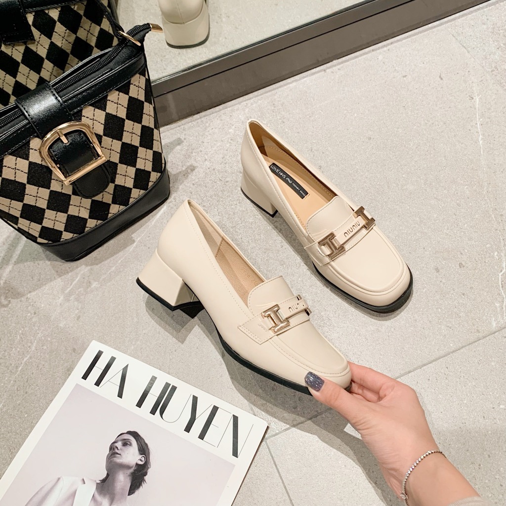 Giày Loafer nữ Hà Huyền Shoes da lì đai chữ H gót vuông 5 phân - LF095