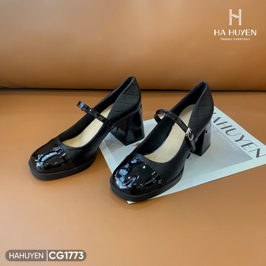 Cao gót nữ gót vuông Hà Huyền Shoes mũi da bóng trần chỉ - CG1773