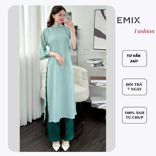 ( ảnh thật ) Set áo dài lụa XANH NGỌC trơn đính cúc ngọc kèm quần phối màu EMIX Aodai0264/P11K15
