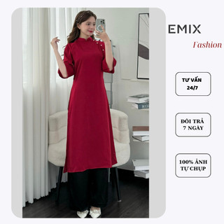 Set áo dài lụa đỏ trơn đính cúc ngọc kèm quần phối màu emix aodai0264/p11k15