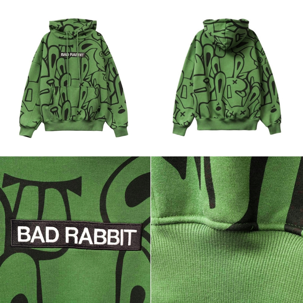 Áo Hoodie xanh lá BAD RABBIT chất liệu nỉ bông dày dặn có bo chun mũ 2 lớp